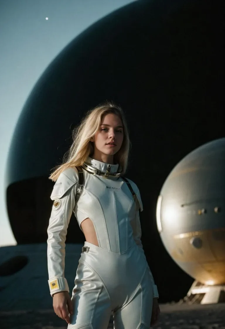 A futuristic astronaut woman with long blonde hair in a white space suit standing in front of a large black and gold sphere with a starry sky in the background. AI generated image using stable diffusion.
