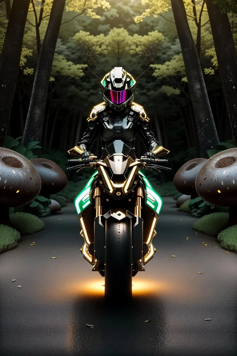 Futuristic biker with a black and gold suit and neon accents, riding a high-tech motorcycle in an otherworldly forest. AI generated image using Stable Diffusion.