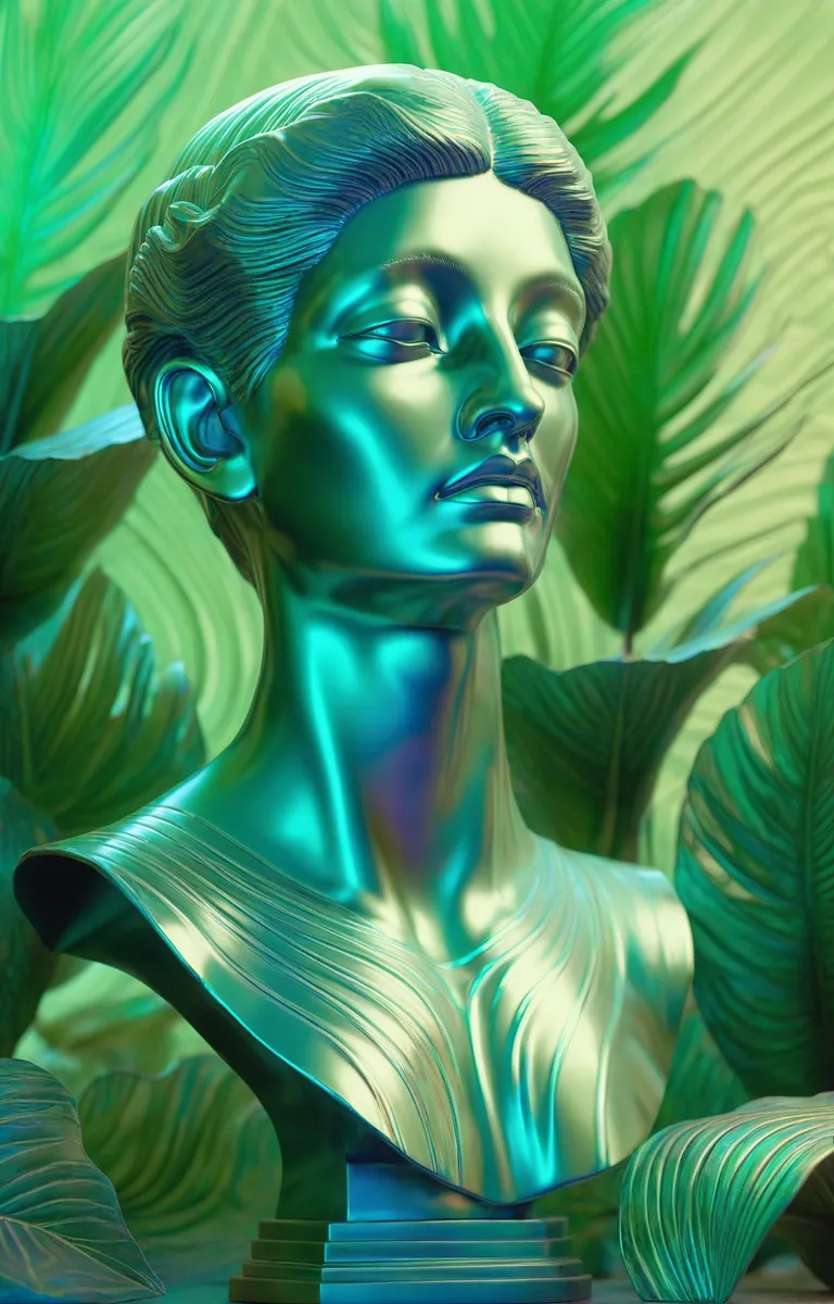 AI-generated image depicting a futuristic metallic bust sculpture against a lush green, leafy background using Stable Diffusion.