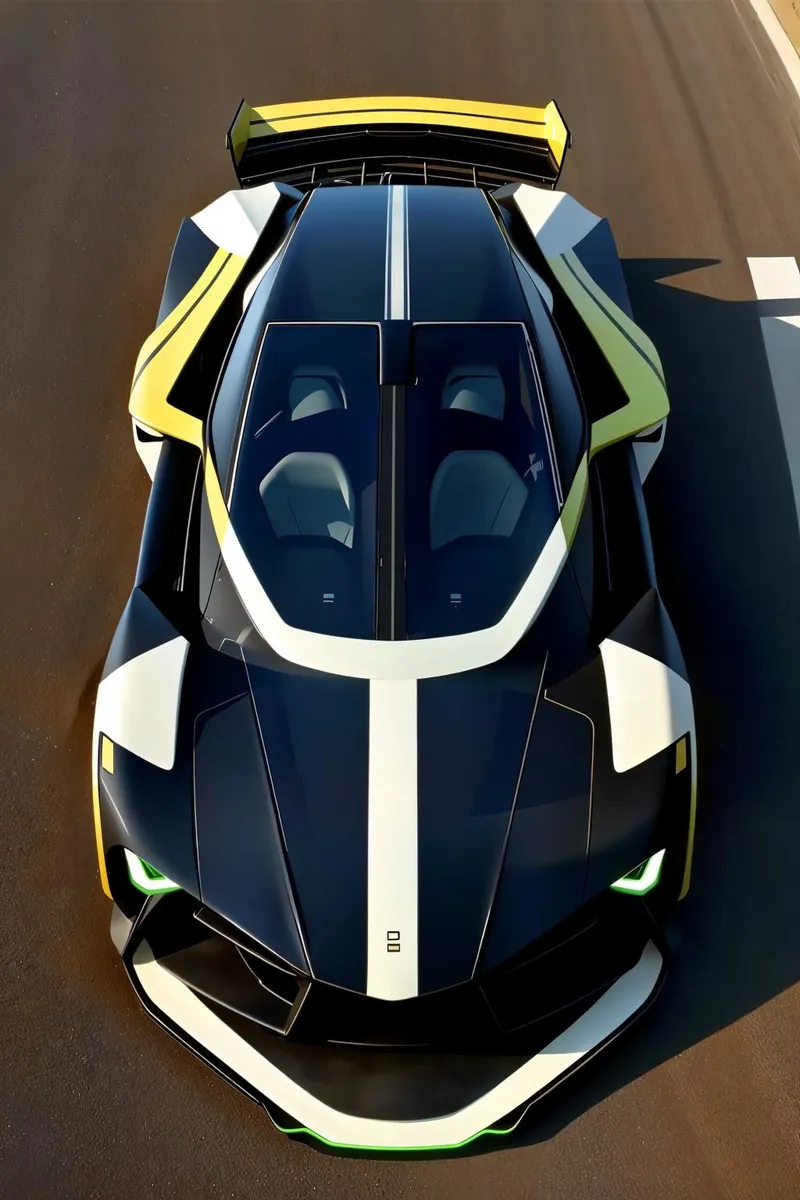 Aerial view of a futuristic supercar with sleek design elements and bold colors, generated using AI and Stable Diffusion.