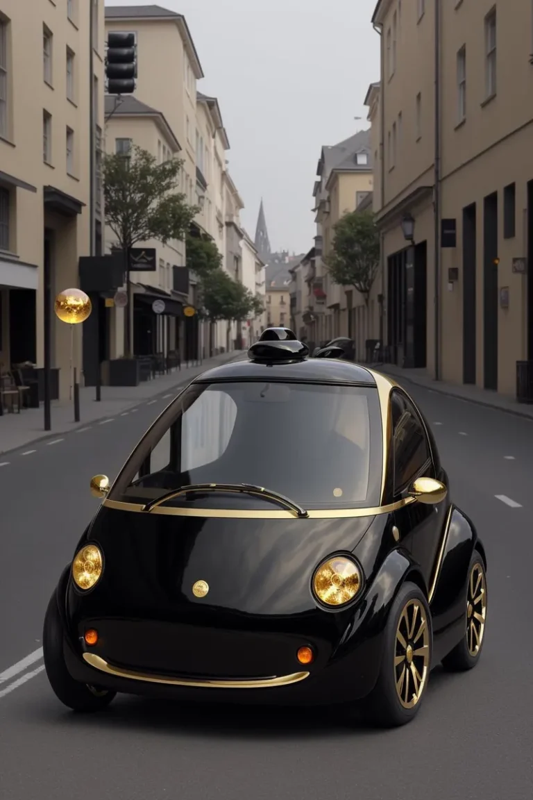 A sleek, modern black and gold futuristic car on an empty urban street with beige buildings and trees. Emphasize that this is an AI generated image using stable diffusion.
