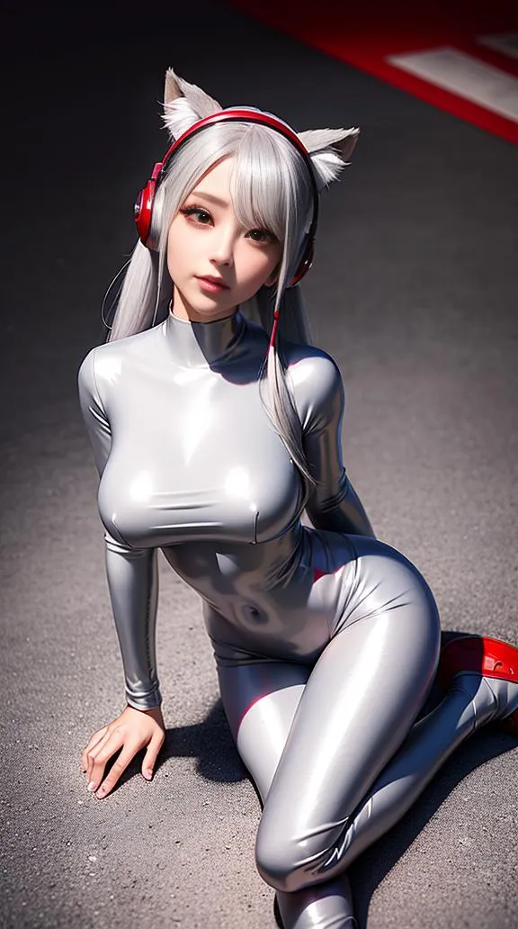 AI generated image of a futuristic catgirl with silver hair, wearing a metallic silver bodysuit and red headphones, sitting on the ground. Created using Stable Diffusion.
