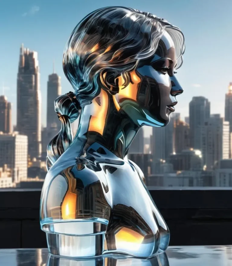 Futuristic chrome bust of a woman with a cityscape background. This AI generated image by Stable Diffusion depicts a sleek, metallic sculpture against modern skyscrapers.