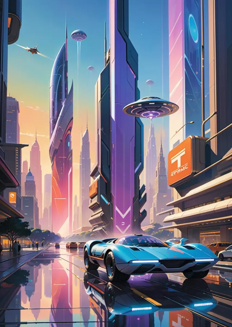 A futuristic cityscape crafted using AI and Stable Diffusion, featuring sleek high-rises, a blue sports car on a street, and multiple flying cars with a bright and colorful sky.