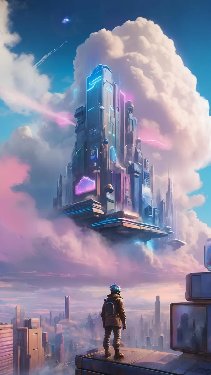 Futuristic cityscape with a person wearing a helmet standing on a ledge overlooking floating buildings set in a bright, cloud-filled sky. AI generated image using Stable Diffusion.