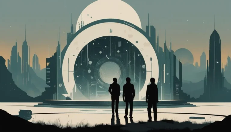 Futuristic cityscape with three silhouetted figures standing in front of a massive circular structure, AI generated using stable diffusion.