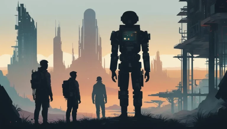 Silhouettes of robot and three adventurers in front of futuristic cityscape at dusk, AI generated using stable diffusion.
