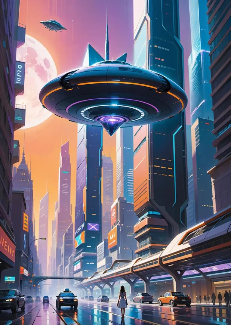 A futuristic cityscape with a hovering UFO, created using Stable Diffusion AI.