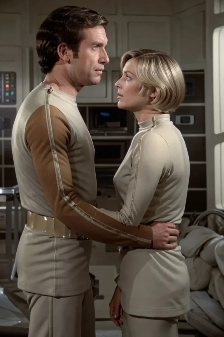 A futuristic couple wearing beige and brown sci-fi attire stands in a close embrace within a high-tech environment. This is an AI-generated image using stable diffusion.