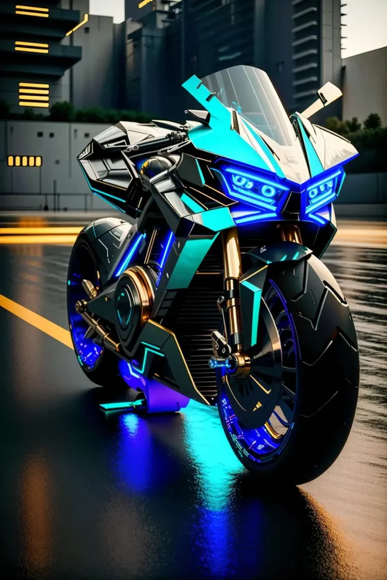 Futuristic motorcycle with neon lights and sleek design, set against a cyberpunk-inspired urban background. AI generated image using Stable Diffusion.
