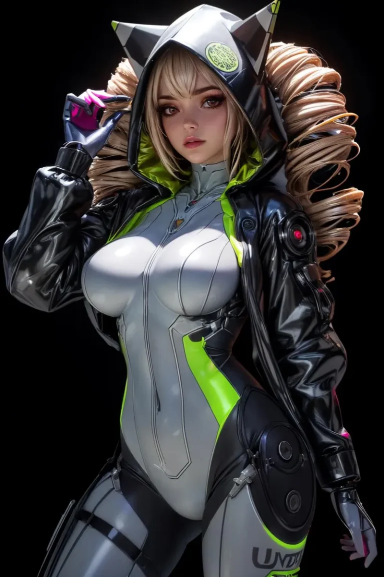 A digitally created image using stable diffusion AI, showcasing a futuristic woman with a cat-eared hood, wearing a sleek cyberpunk outfit.