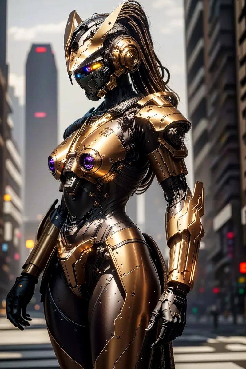 A highly detailed futuristic golden female cyborg standing in an urban environment, created using stable diffusion AI technology.