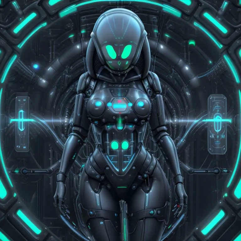 A highly detailed AI generated image of a futuristic female cyborg with glowing blue accents, created using Stable Diffusion.