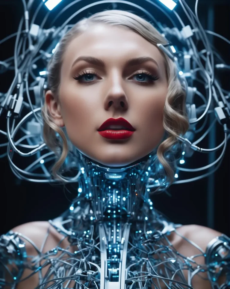 A beautiful AI-generated image of a futuristic woman with high-tech cyborg elements. The face is elegantly human with red lips and detailed makeup, surrounded by intricate, glowing blue circuits and mechanical components.