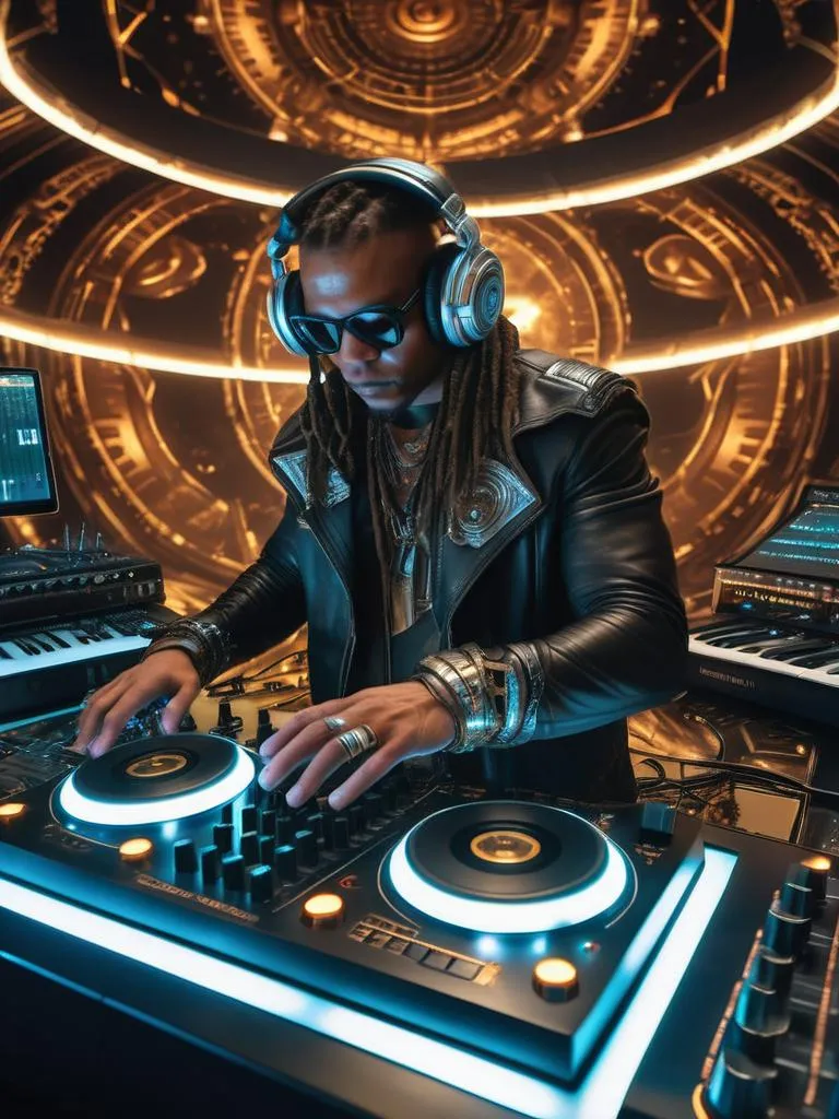 A futuristic DJ wearing headphones and sunglasses, surrounded by electronic music equipment in a cyberpunk-themed environment. AI-generated image using Stable Diffusion.