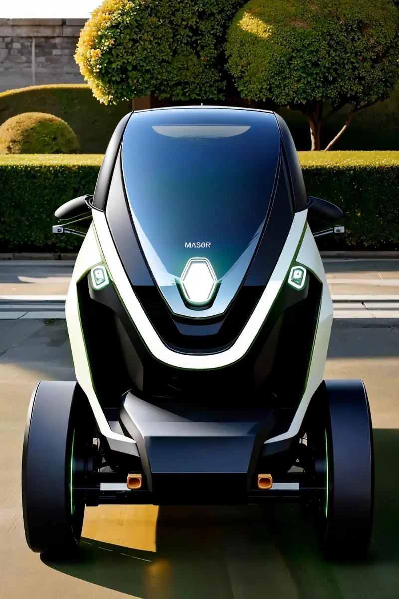 Futuristic electric car with sleek black and white design set in a modern garden, AI generated image using stable diffusion.