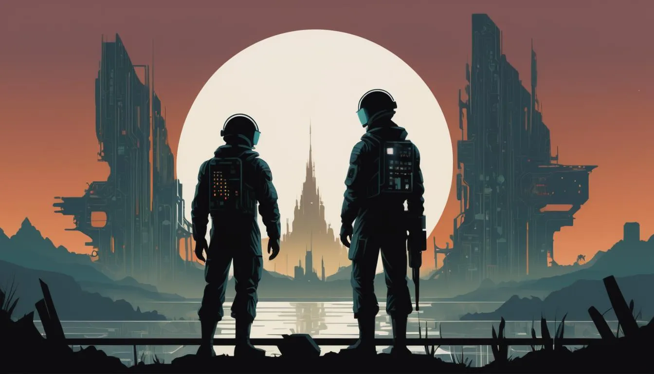 This AI generated image using Stable Diffusion depicts two futuristic explorers in space suits standing against a dramatic sci-fi landscape dominated by a massive, glowing celestial body and towering industrial structures.