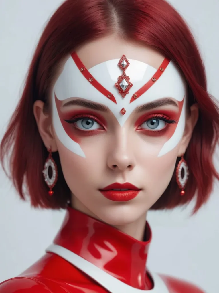 A highly detailed, AI generated image using stable diffusion, depicting a woman with striking blue eyes, short red hair, wearing a futuristic outfit. Her face is adorned with elaborate red and white makeup and headpiece that give a sci-fi aesthetic.