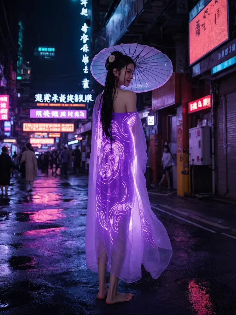 A futuristic geisha holding an umbrella wearing a glowing transparent dress with neon patterns on a rainy neon-lit street. AI generated image using stable diffusion.