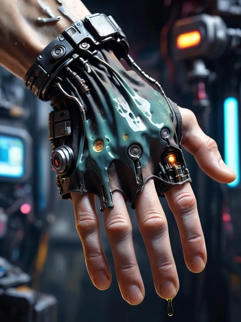 Futuristic hand with cybernetic enhancement created using stable diffusion AI image generator.