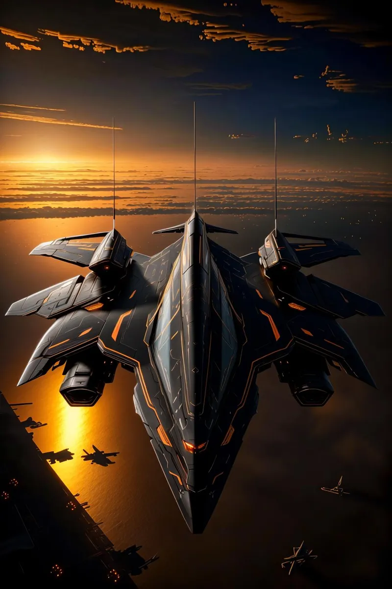 A futuristic jet fighter with sleek, angular design flying over a reflective ocean at sunset, created using Stable Diffusion.
