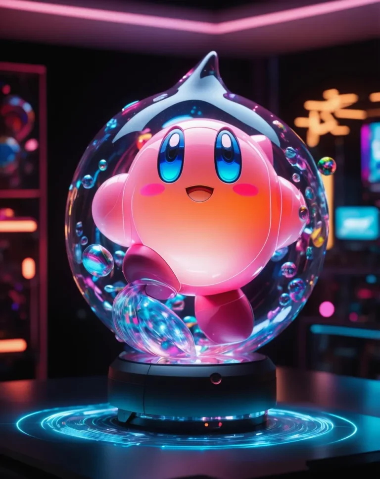 Kirby character encapsulated in a holographic bubble surrounded by neon lights in a futuristic room. Generated using Stable Diffusion AI.
