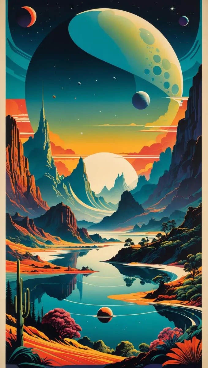 Futuristic landscape with alien planets, featuring vibrant colors, strange topography, and cosmic details in the sky, created using Stable Diffusion.