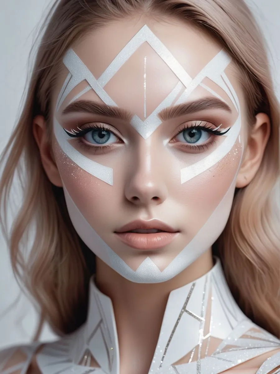 A close-up of a young woman with blue eyes and intricate geometric face paint. AI Generated.