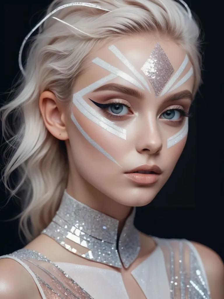 A futuristic look with intricate makeup featuring white and silver geometric shapes on a white-haired woman. This is an AI generated image using stable diffusion.