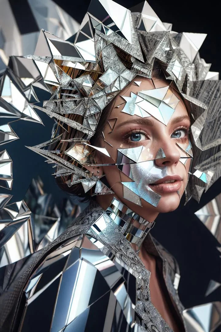 A woman adorned with mirror shard attire including face and headgear. AI generated image using Stable Diffusion.