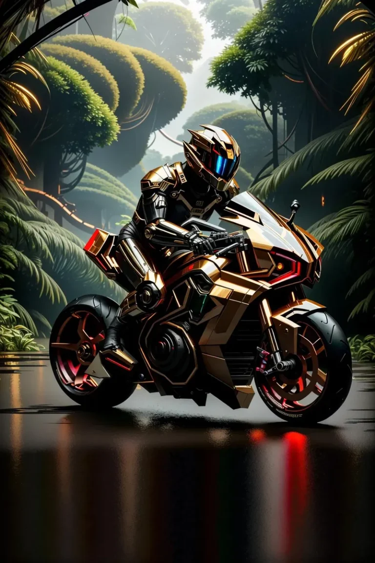A cyberpunk rider in black and gold armor on a high-tech motorcycle in a lush forest, designed with Stable Diffusion AI.