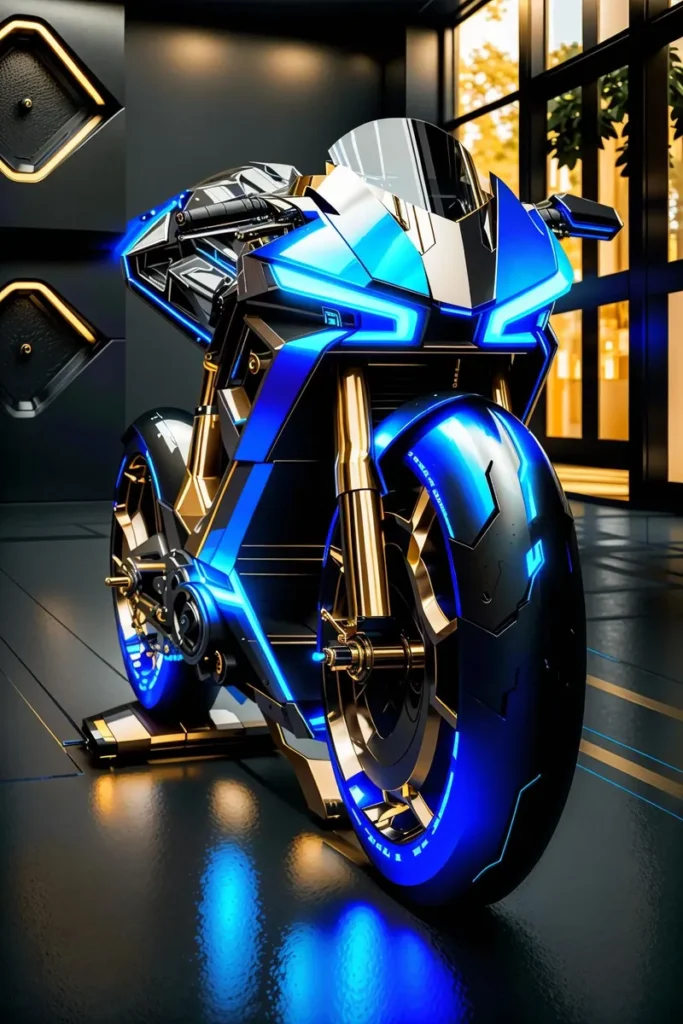 A futuristic motorcycle with neon blue and gold lights, created using Stable Diffusion AI.