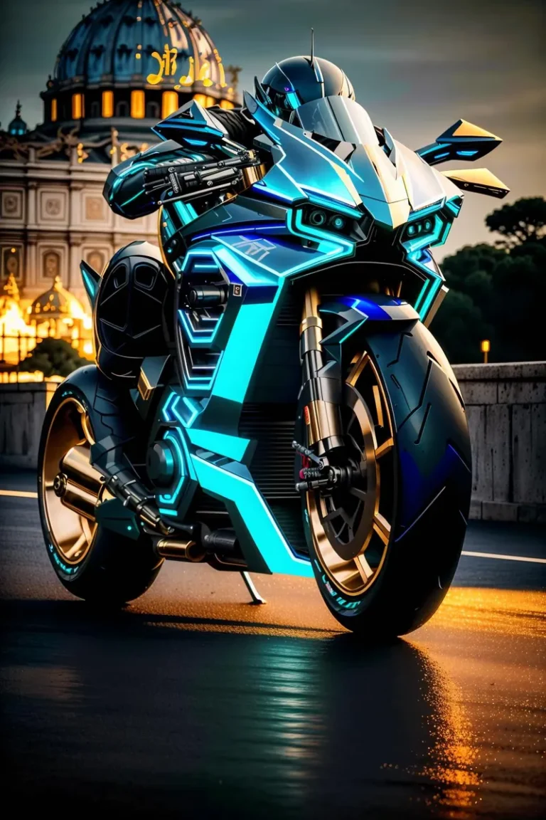 A futuristic motorcycle with neon blue lights, created using Stable Diffusion AI.
