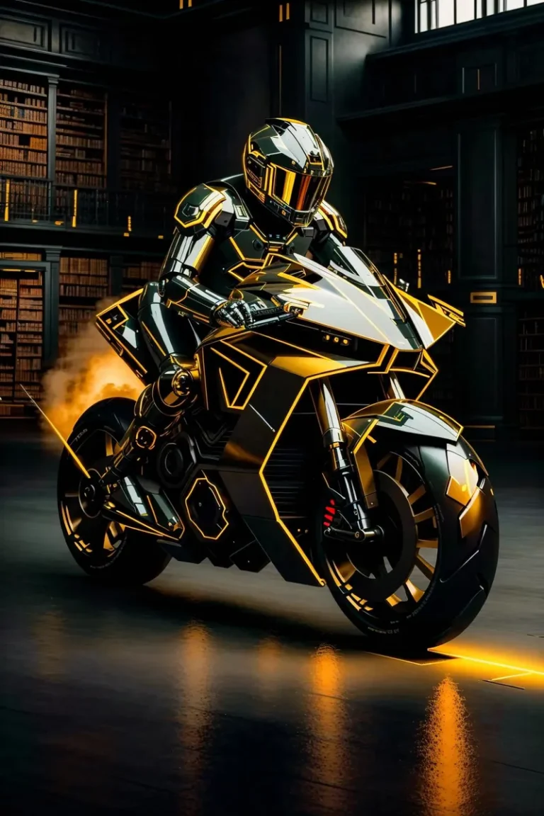 Futuristic motorcycle ridden by a cyberpunk rider in a neon-lit setting. AI generated image using Stable Diffusion.
