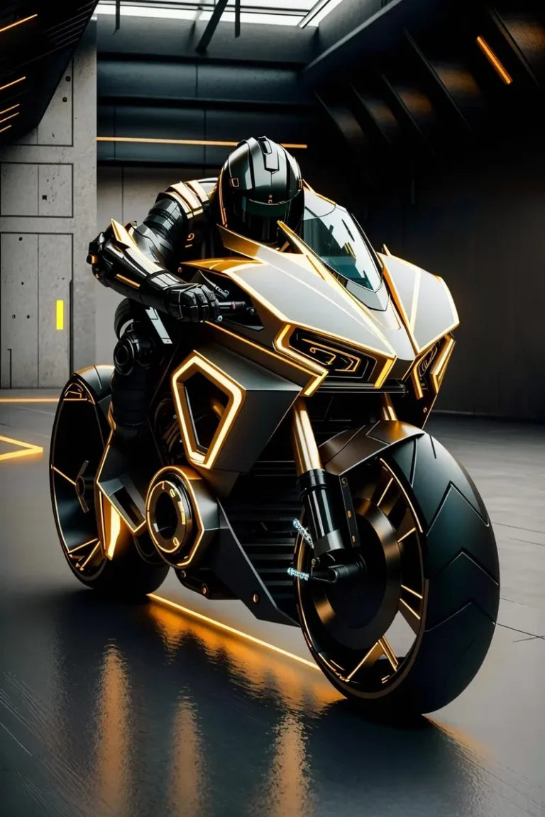 A visually striking AI-generated image using Stable Diffusion, showcasing a futuristic motorcycle with neon accents and a cyberpunk rider in advanced armor, positioned in a high-tech, dimly-lit garage.
