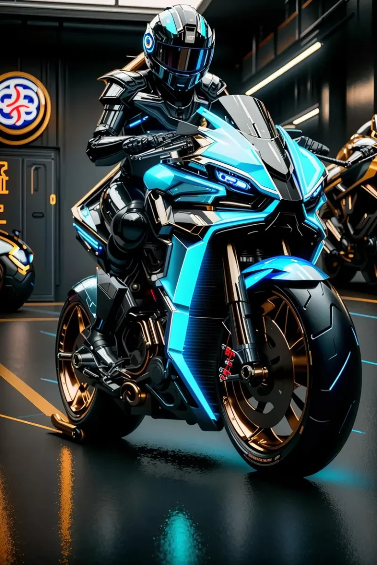 A futuristic motorcyclist in a sleek, cyberpunk setting. The rider wears a high-tech suit and helmet, riding a blue neon-lit motorcycle with advanced design and detailed metallic structures. AI generated using Stable Diffusion.
