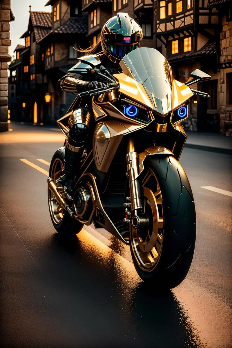 A futuristic motorcycle with striking blue headlights and a cyberpunk rider in full gear, set against a backdrop of medieval-style buildings. This is an AI generated image using Stable Diffusion.