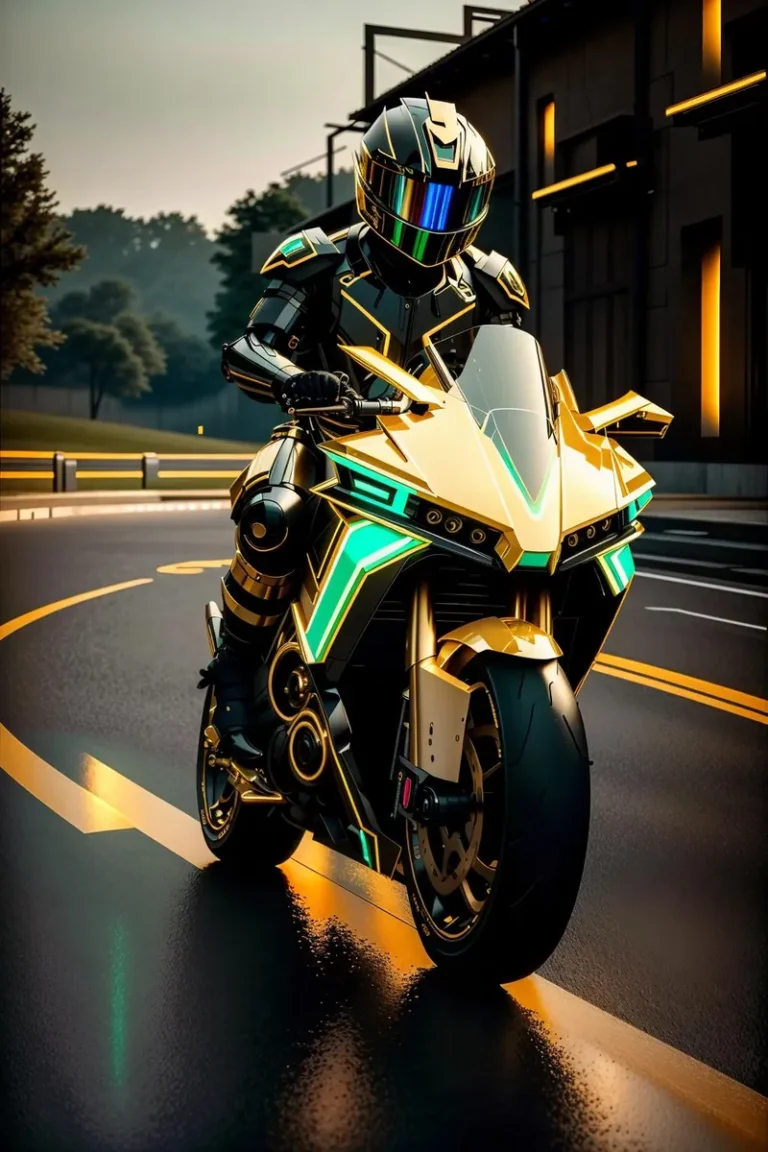 Futuristic motorcycle with a cyberpunk rider in full armor and helmet, glowing neon lights, and a sleek black and gold design, created using stable diffusion.