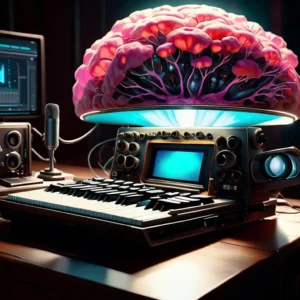 A digital brain interface connected to a futuristic music studio with a synthesizer, microphone, and computer monitors. This is an AI generated image using stable diffusion.
