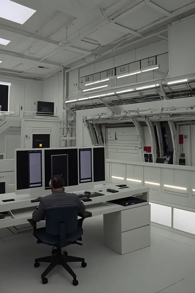 Futuristic control room with multiple monitors and a man in a suit seated at a desk, generated using Stable Diffusion