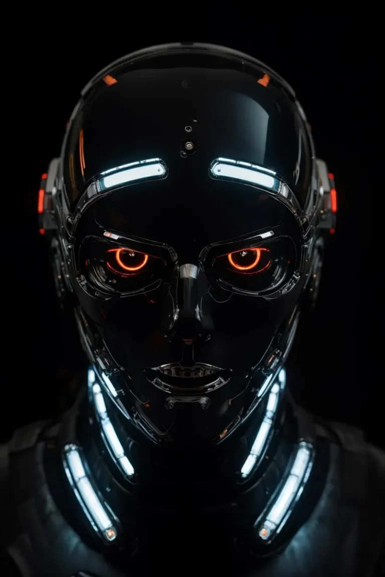 Close-up of a futuristic robot cyborg with glowing LED lights and dark metallic surface. This AI-generated image uses Stable Diffusion.