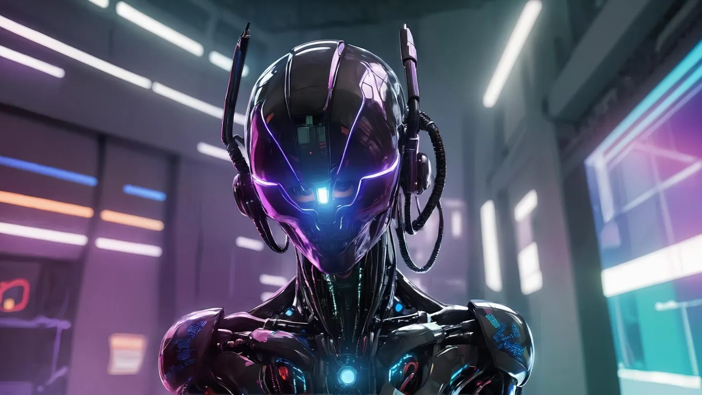 A high-tech robot with purple neon lights in a cyberpunk setting showcasing advanced technology. AI generated using Stable Diffusion.