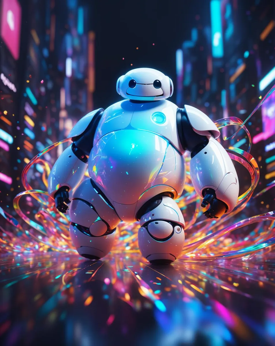 Futuristic robot surrounded by swirling colorful lights, an AI generated image using Stable Diffusion.