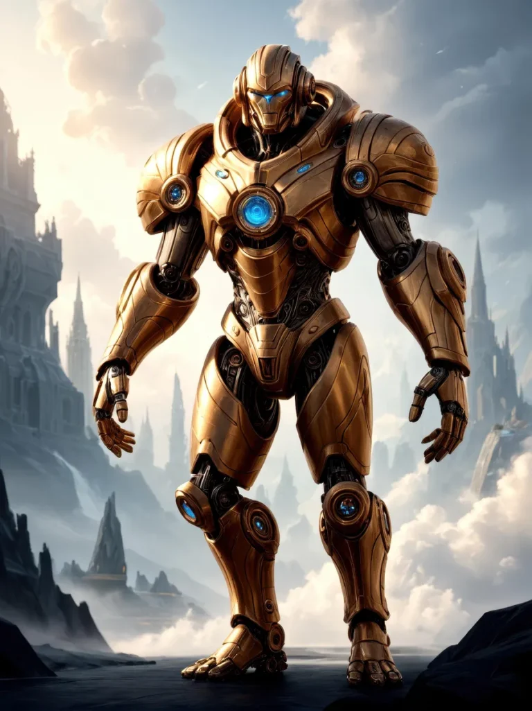 Futuristic robot clad in intricate golden armor with blue illuminated details, set against a dramatic, cloudy landscape backdrop. AI image generated using Stable Diffusion.