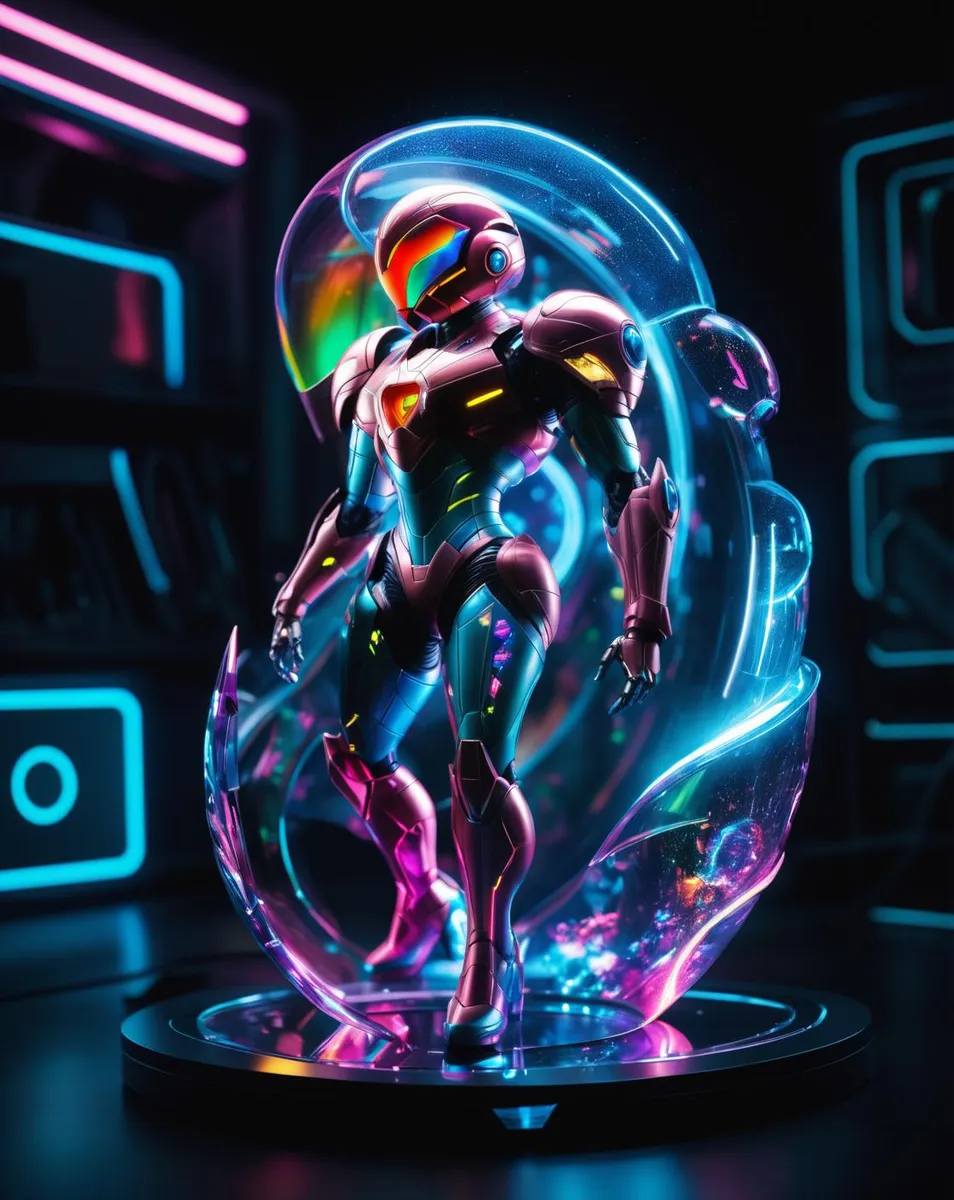 A futuristic robot with sleek armor and neon light accents stands on a platform, bathed in colorful neon lights. This AI generated image uses Stable Diffusion.