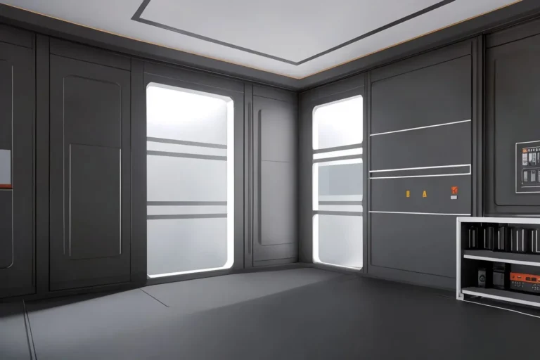 A futuristic room with sleek grey and white color tones, featuring glossy panels and integrated technology, created with AI using Stable Diffusion.