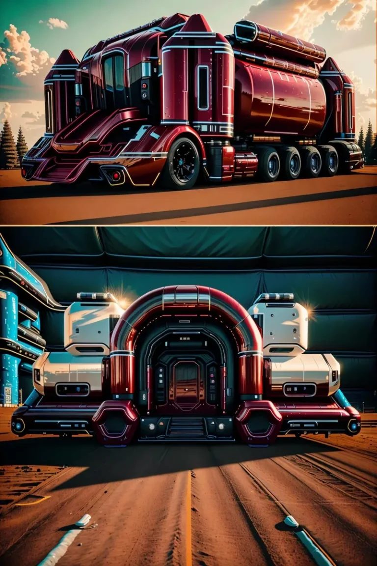 A futuristic sci-fi truck featuring sleek red and black design with advanced technology, generated using stable diffusion AI.