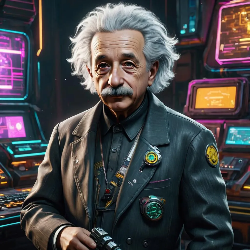 AI-generated image of a futuristic scientist with white hair and a mustache in a cyberpunk lab, created using stable diffusion.