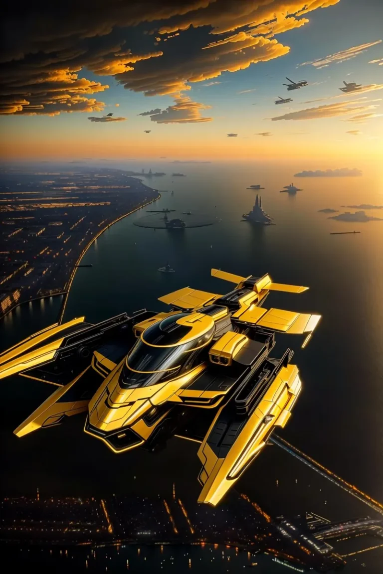 A futuristic spacecraft flying over a coastal cityscape at dusk, with vivid clouds and a metropolis below, AI generated using Stable Diffusion.