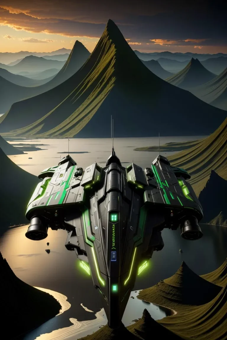 A futuristic spaceship with green lights hovers over an alien landscape with sharp, triangular mountains under a dramatic sky, AI generated image using Stable Diffusion.